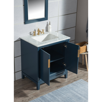 Water Creation Elizabeth 30" Single Sink Carrara White Marble Vanity in Monarch Blue with F2-0013-06-FX Lavatory Faucet(s) VEL030CWMB42