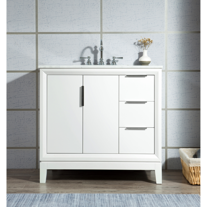 Water Creation Elizabeth 36" Single Sink Carrara White Marble Vanity in Pure White with F2-0012-01-TL Lavatory Faucet(s) VEL036CWPW47