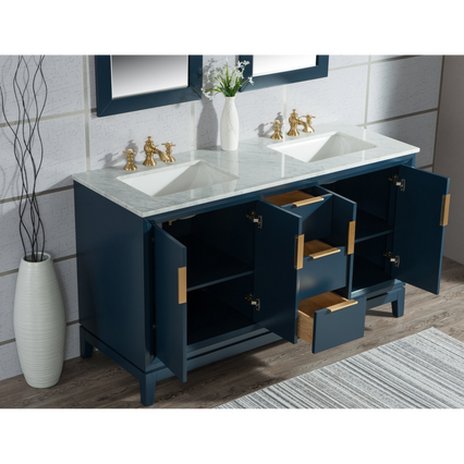 Water Creation Elizabeth 60" Double Sink Carrara White Marble Vanity in Monarch Blue with F2-0013-06-FX Lavatory Faucet(s) VEL060CWMB42