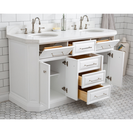 Water Creation 60" Palace Collection Quartz Carrara Pure White Bathroom Vanity Set with Hardware and F2-0012 Faucets in Polished Nickel (PVD) Finish PA60C-0512PW