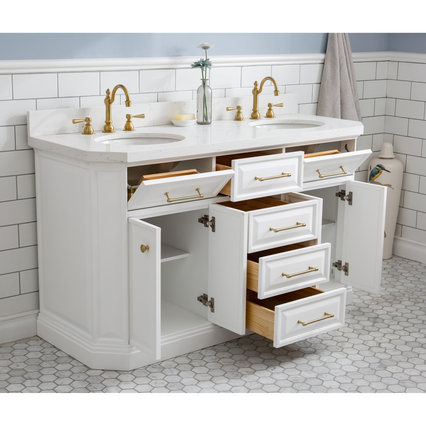 Water Creation 60" Palace Collection Quartz Carrara Pure White Bathroom Vanity Set with Hardware and F2-0012 Faucets in Satin Gold Finish and Only Mirrors in Chrome Finish PA60C-0612PW