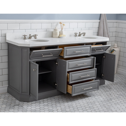 Water Creation 72" Palace Collection Quartz Carrara Cashmere Grey Bathroom Vanity Set with Hardware and F2-0009 Faucets in Polished Nickel (PVD) Finish PA72C-0509CG