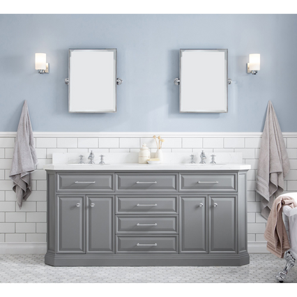 Water Creation 72" Palace Collection Quartz Carrara Cashmere Grey Bathroom Vanity Set with Hardware and F2-0013 Faucets, Mirror in Chrome Finish PA72D-0113CG