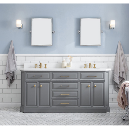Water Creation 72" Palace Collection Quartz Carrara Cashmere Grey Bathroom Vanity Set with Hardware and F2-0013 Faucets in Satin Gold Finish and Only Mirrors in Chrome Finish PA72D-0613CG