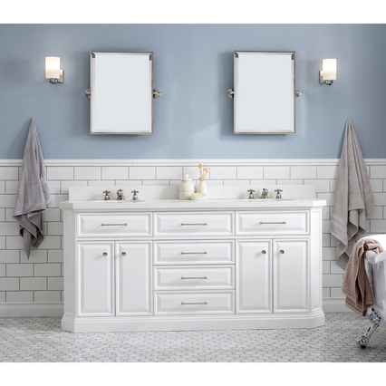 Water Creation 72" Palace Collection Quartz Carrara Pure White Bathroom Vanity Set with Hardware and F2-0009 Faucets, Mirror in Polished Nickel (PVD) Finish PA72D-0509PW
