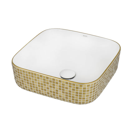 Ruvati 15" x 15" Bathroom Vessel Sink Gold Decorative Pattern Above Vanity Counter White Porcelain Ceramic - RVB1515WG4 - Model Bath