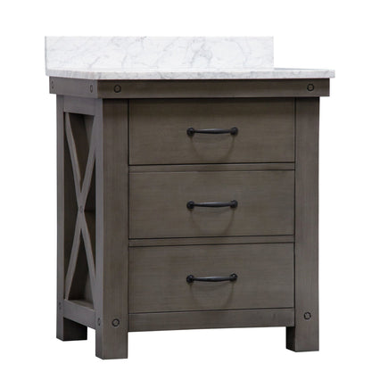Water Creation 30" Grizzle Grey Single Sink Bathroom Vanity with Mirror and Faucet with Carrara White Marble Counter Top From The ABERDEEN Collection VAB030CWGG02 - Model Bath