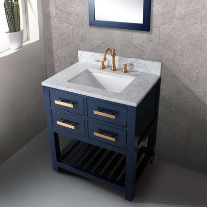 Water Creation 30" Monarch Blue Single Sink Bathroom Vanity with F2-0012 Satin Gold Faucet From The Madalyn Collection MA30C-0612MB - Model Bath