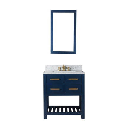 Water Creation 30" Monarch Blue Single Sink Bathroom Vanity with F2-0013 Satin Gold Faucet and Mirror From The Madalyn Collection MA30D-0613MB - Model Bath