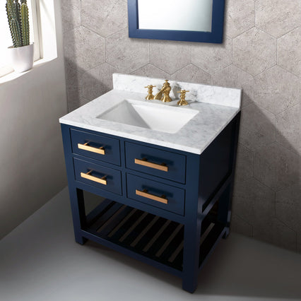 Water Creation 30" Monarch Blue Single Sink Bathroom Vanity with F2-0013 Satin Gold Faucet From The Madalyn Collection MA30C-0613MB - Model Bath