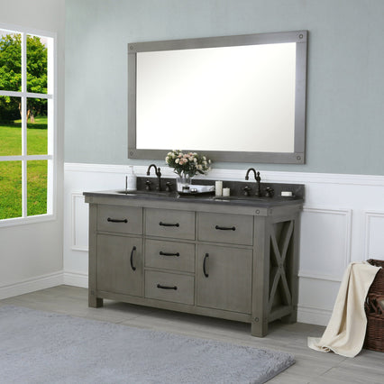 Water Creation 60" Grizzle Grey Double Sink Bathroom Vanity with Mirror and Faucets with Blue Limestone Counter Top From The ABERDEEN Collection VAB060BLGG02 - Model Bath