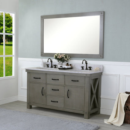 Water Creation 60" Grizzle Grey Double Sink Bathroom Vanity with Mirror with Carrara White Marble Counter Top From The ABERDEEN Collection VAB060CWGG01 - Model Bath