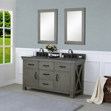 Water Creation 60" Grizzle Grey Double Sink Bathroom Vanity with Mirrors and Faucets with Blue Limestone Counter Top From The ABERDEEN Collection VAB060BLGG05 - Model Bath