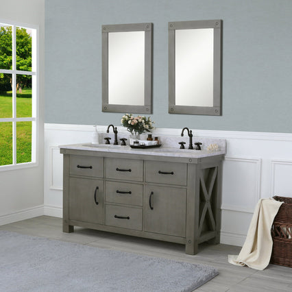 Water Creation 60" Grizzle Grey Double Sink Bathroom Vanity with Mirrors with Carrara White Marble Counter Top From The ABERDEEN Collection VAB060CWGG04 - Model Bath
