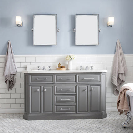 Water Creation 60" Palace Collection Quartz Carrara Cashmere Grey Bathroom Vanity Set with Hardware and F2-0009 Faucets, Mirror in Chrome Finish PA60D-0109CG - Model Bath
