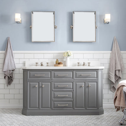 Water Creation 60" Palace Collection Quartz Carrara Cashmere Grey Bathroom Vanity Set with Hardware and F2-0009 Faucets, Mirror in Polished Nickel (PVD) Finish PA60D-0509CG - Model Bath