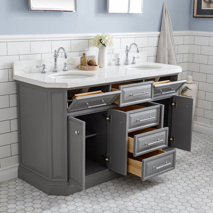 Water Creation 60" Palace Collection Quartz Carrara Cashmere Grey Bathroom Vanity Set with Hardware and F2-0012 Faucets in Chrome Finish PA60C-0112CG - Model Bath