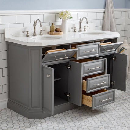Water Creation 60" Palace Collection Quartz Carrara Cashmere Grey Bathroom Vanity Set with Hardware and F2-0012 Faucets in Polished Nickel (PVD) Finish PA60C-0512CG - Model Bath