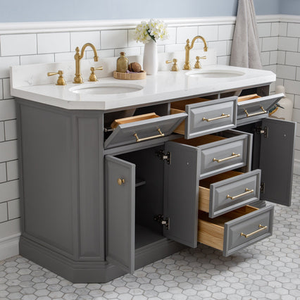 Water Creation 60" Palace Collection Quartz Carrara Cashmere Grey Bathroom Vanity Set with Hardware and F2-0012 Faucets in Satin Gold Finish and Only Mirrors in Chrome Finish PA60C-0612CG - Model Bath