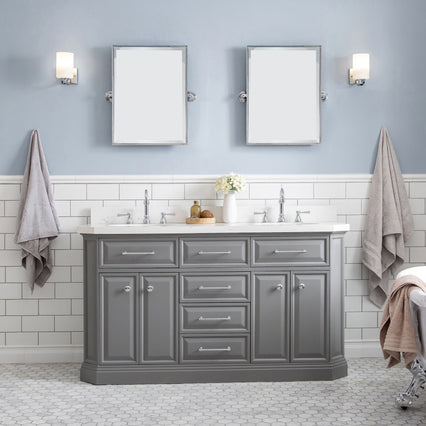 Water Creation 60" Palace Collection Quartz Carrara Cashmere Grey Bathroom Vanity Set with Hardware and F2-0012 Faucets, Mirror in Chrome Finish PA60D-0112CG - Model Bath