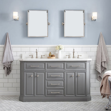 Water Creation 60" Palace Collection Quartz Carrara Cashmere Grey Bathroom Vanity Set with Hardware and F2-0012 Faucets, Mirror in Polished Nickel (PVD) Finish PA60D-0512CG - Model Bath