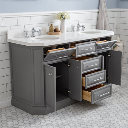 Water Creation 60" Palace Collection Quartz Carrara Cashmere Grey Bathroom Vanity Set with Hardware and F2-0013 Faucets in Chrome Finish PA60C-0113CG - Model Bath