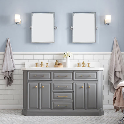 Water Creation 60" Palace Collection Quartz Carrara Cashmere Grey Bathroom Vanity Set with Hardware and F2-0013 Faucets in Satin Gold Finish and Only Mirrors in Chrome Finish PA60D-0613CG - Model Bath