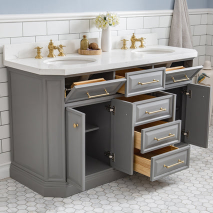 Water Creation 60" Palace Collection Quartz Carrara Cashmere Grey Bathroom Vanity Set with Hardware and F2-0013 Faucets in Satin Gold Finish and Only Mirrors in Chrome Finish PA60C-0613CG - Model Bath
