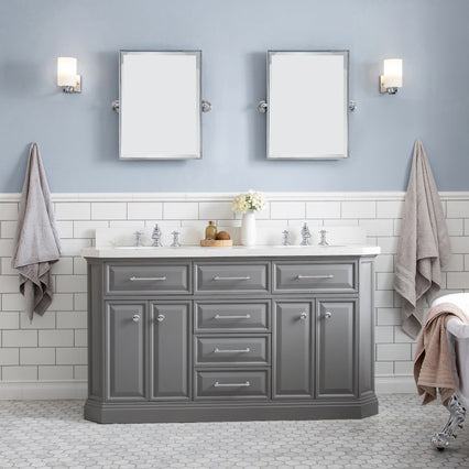 Water Creation 60" Palace Collection Quartz Carrara Cashmere Grey Bathroom Vanity Set with Hardware and F2-0013 Faucets, Mirror in Chrome Finish PA60D-0113CG - Model Bath