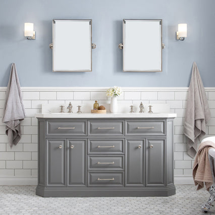Water Creation 60" Palace Collection Quartz Carrara Cashmere Grey Bathroom Vanity Set with Hardware and F2-0013 Faucets, Mirror in Polished Nickel (PVD) Finish PA60D-0513CG - Model Bath