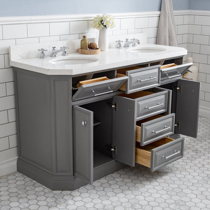 Water Creation 60" Palace Collection Quartz Carrara Cashmere Grey Bathroom Vanity Set with Hardware in Chrome Finish PA60A-0100CG - Model Bath
