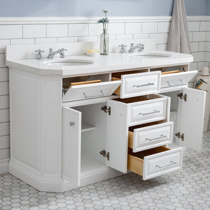 Water Creation 60" Palace Collection Quartz Carrara Pure White Bathroom Vanity Set with Hardware and F2-0009 Faucets in Chrome Finish PA60C-0109PW - Model Bath