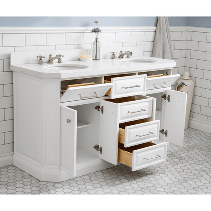 Water Creation 60" Palace Collection Quartz Carrara Pure White Bathroom Vanity Set with Hardware and F2-0009 Faucets in Polished Nickel (PVD) Finish PA60C-0509PW - Model Bath