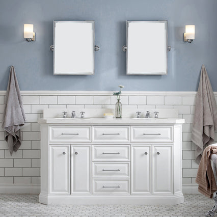 Water Creation 60" Palace Collection Quartz Carrara Pure White Bathroom Vanity Set with Hardware and F2-0009 Faucets, Mirror in Chrome Finish PA60D-0109PW - Model Bath