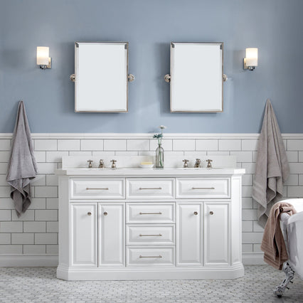Water Creation 60" Palace Collection Quartz Carrara Pure White Bathroom Vanity Set with Hardware and F2-0009 Faucets, Mirror in Polished Nickel (PVD) Finish PA60D-0509PW - Model Bath