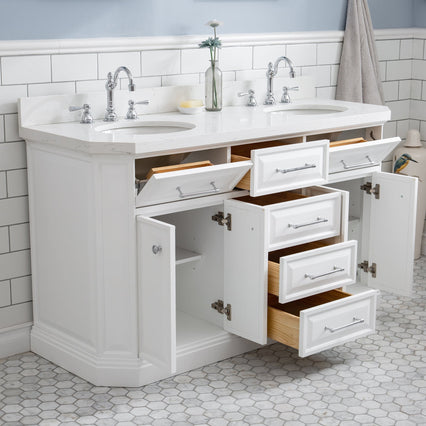 Water Creation 60" Palace Collection Quartz Carrara Pure White Bathroom Vanity Set with Hardware and F2-0012 Faucets in Chrome Finish PA60C-0112PW - Model Bath