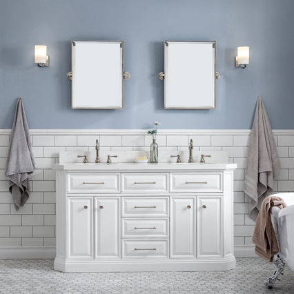 Water Creation 60" Palace Collection Quartz Carrara Pure White Bathroom Vanity Set with Hardware and F2-0012 Faucets, Mirror in Polished Nickel (PVD) Finish PA60D-0512PW - Model Bath