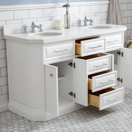 Water Creation 60" Palace Collection Quartz Carrara Pure White Bathroom Vanity Set with Hardware and F2-0013 Faucets in Chrome Finish PA60C-0113PW - Model Bath
