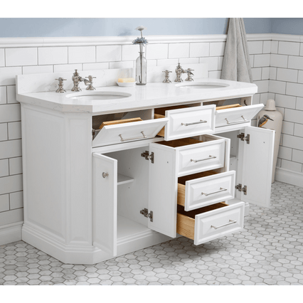 Water Creation 60" Palace Collection Quartz Carrara Pure White Bathroom Vanity Set with Hardware and F2-0013 Faucets in Polished Nickel (PVD) Finish PA60C-0513PW - Model Bath
