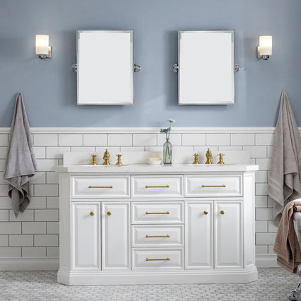 Water Creation 60" Palace Collection Quartz Carrara Pure White Bathroom Vanity Set with Hardware and F2-0013 Faucets in Satin Gold Finish and Only Mirrors in Chrome Finish PA60D-0613PW - Model Bath