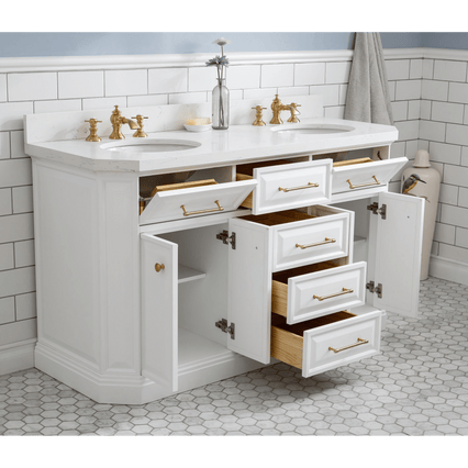 Water Creation 60" Palace Collection Quartz Carrara Pure White Bathroom Vanity Set with Hardware and F2-0013 Faucets in Satin Gold Finish and Only Mirrors in Chrome Finish PA60C-0613PW - Model Bath