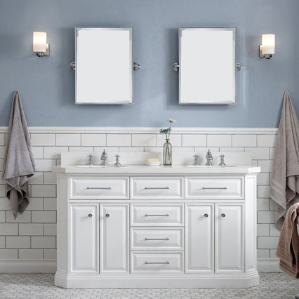 Water Creation 60" Palace Collection Quartz Carrara Pure White Bathroom Vanity Set with Hardware and F2-0013 Faucets, Mirror in Chrome Finish PA60D-0113PW - Model Bath