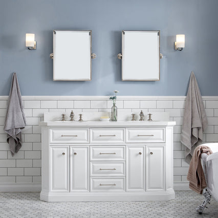 Water Creation 60" Palace Collection Quartz Carrara Pure White Bathroom Vanity Set with Hardware and F2-0013 Faucets, Mirror in Polished Nickel (PVD) Finish PA60D-0513PW - Model Bath