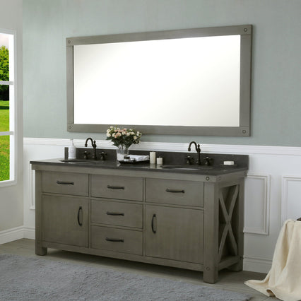 Water Creation 72" Grizzle Grey Double Sink Bathroom Vanity with Mirror and Faucets with Blue Limestone Counter Top From The ABERDEEN Collection VAB072BLGG02 - Model Bath