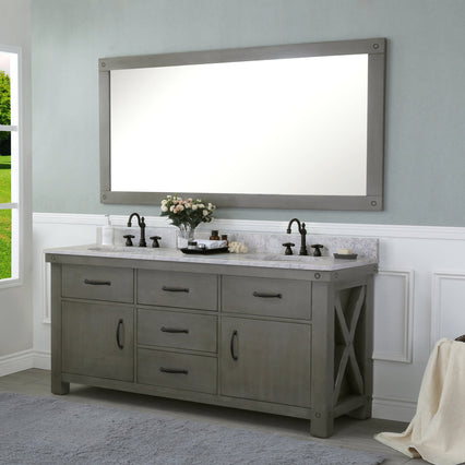 Water Creation 72" Grizzle Grey Double Sink Bathroom Vanity with Mirror and Faucets with Carrara White Marble Counter Top From The ABERDEEN Collection VAB072CWGG02 - Model Bath