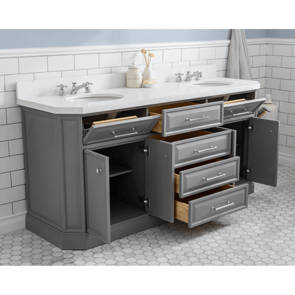 Water Creation 72" Palace Collection Quartz Carrara Cashmere Grey Bathroom Vanity Set with Hardware and F2-0009 Faucets in Chrome Finish PA72C-0109CG - Model Bath