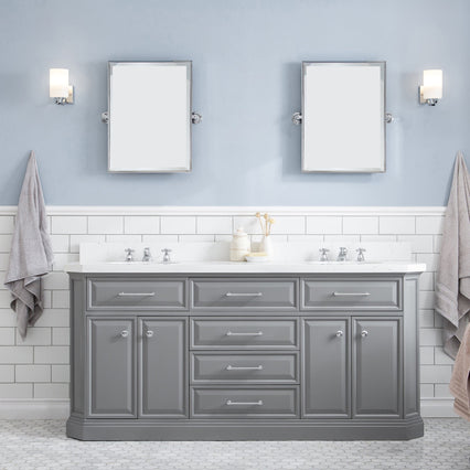 Water Creation 72" Palace Collection Quartz Carrara Cashmere Grey Bathroom Vanity Set with Hardware and F2-0009 Faucets, Mirror in Chrome Finish PA72D-0109CG - Model Bath