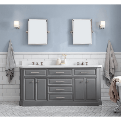 Water Creation 72" Palace Collection Quartz Carrara Cashmere Grey Bathroom Vanity Set with Hardware and F2-0009 Faucets, Mirror in Polished Nickel (PVD) Finish PA72D-0509CG - Model Bath