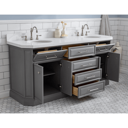 Water Creation 72" Palace Collection Quartz Carrara Cashmere Grey Bathroom Vanity Set with Hardware and F2-0012 Faucets in Polished Nickel (PVD) Finish PA72C-0512CG - Model Bath