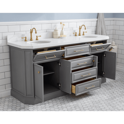 Water Creation 72" Palace Collection Quartz Carrara Cashmere Grey Bathroom Vanity Set with Hardware and F2-0012 Faucets in Satin Gold Finish and Only Mirrors in Chrome Finish PA72C-0612CG - Model Bath
